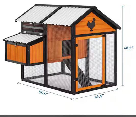 "Large Wood Chicken Coop Backyard with Nesting Box and Mesh Poultry Fencing - Black Trim/Orange, 56" W x 49" D x 49" H"